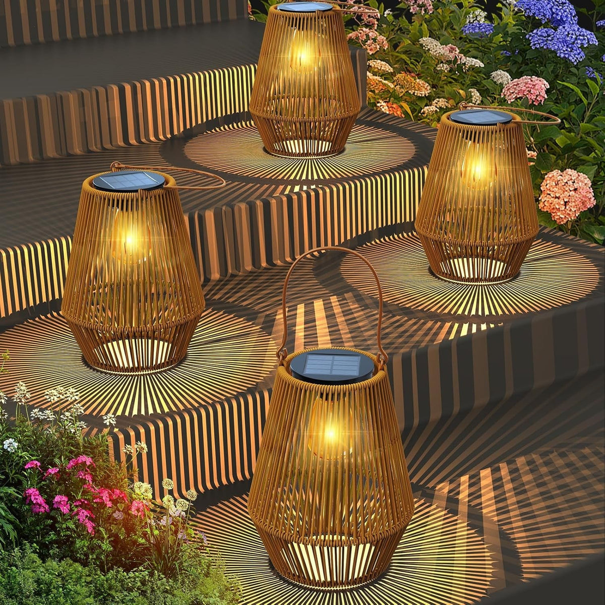4 Pack Solar Rattan Lanterns Outdoor Garden Waterproof