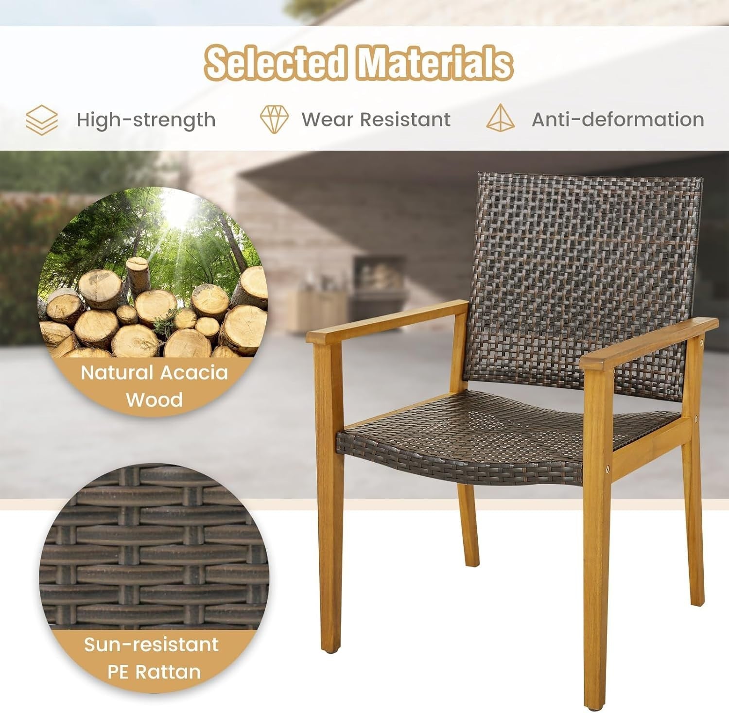 4x Garden Dining Chairs Acacia Wood Rattan Armchairs Outdoor Patio Set