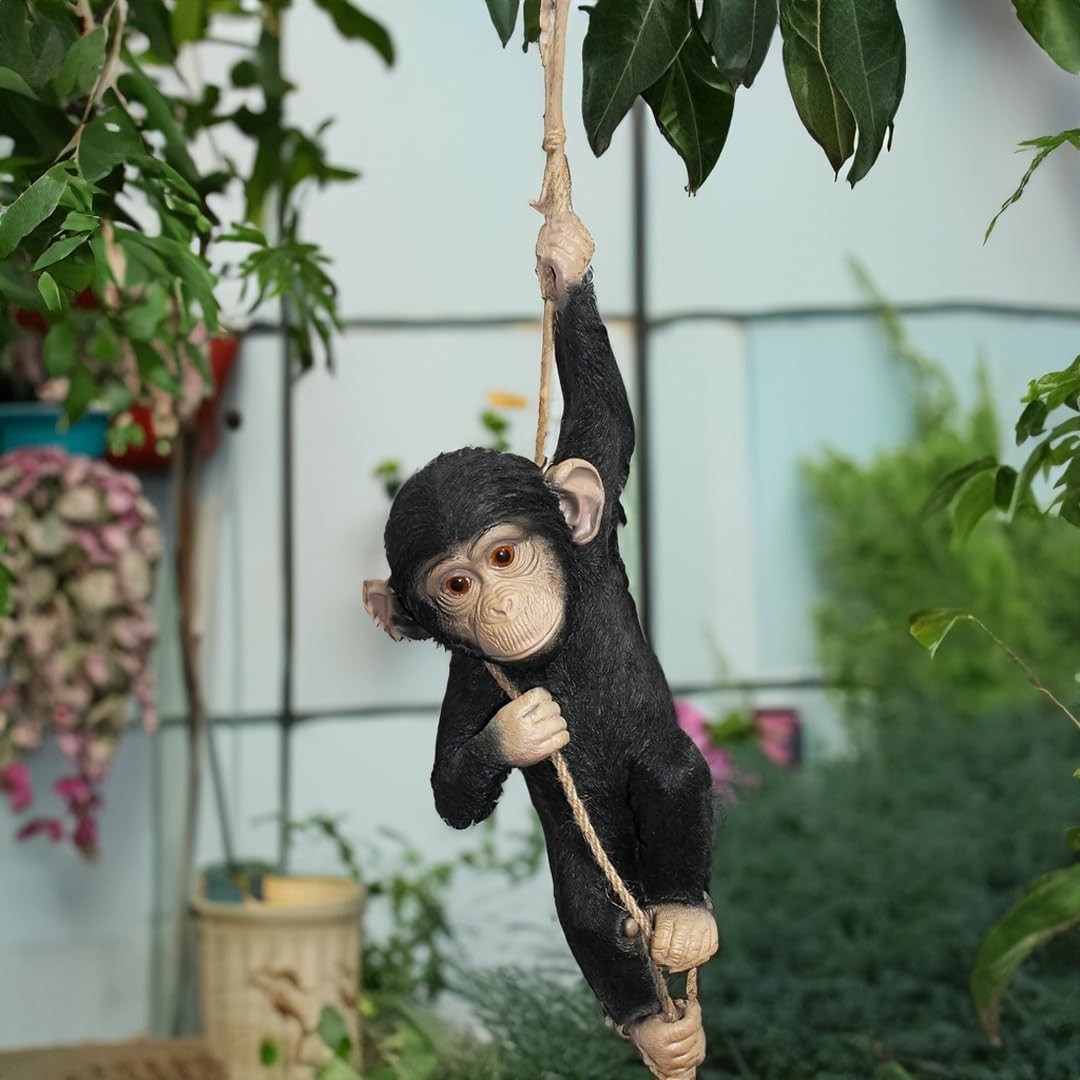 Hanging Monkey Garden Ornament on Rope – Large Resin Outdoor Animal Decor