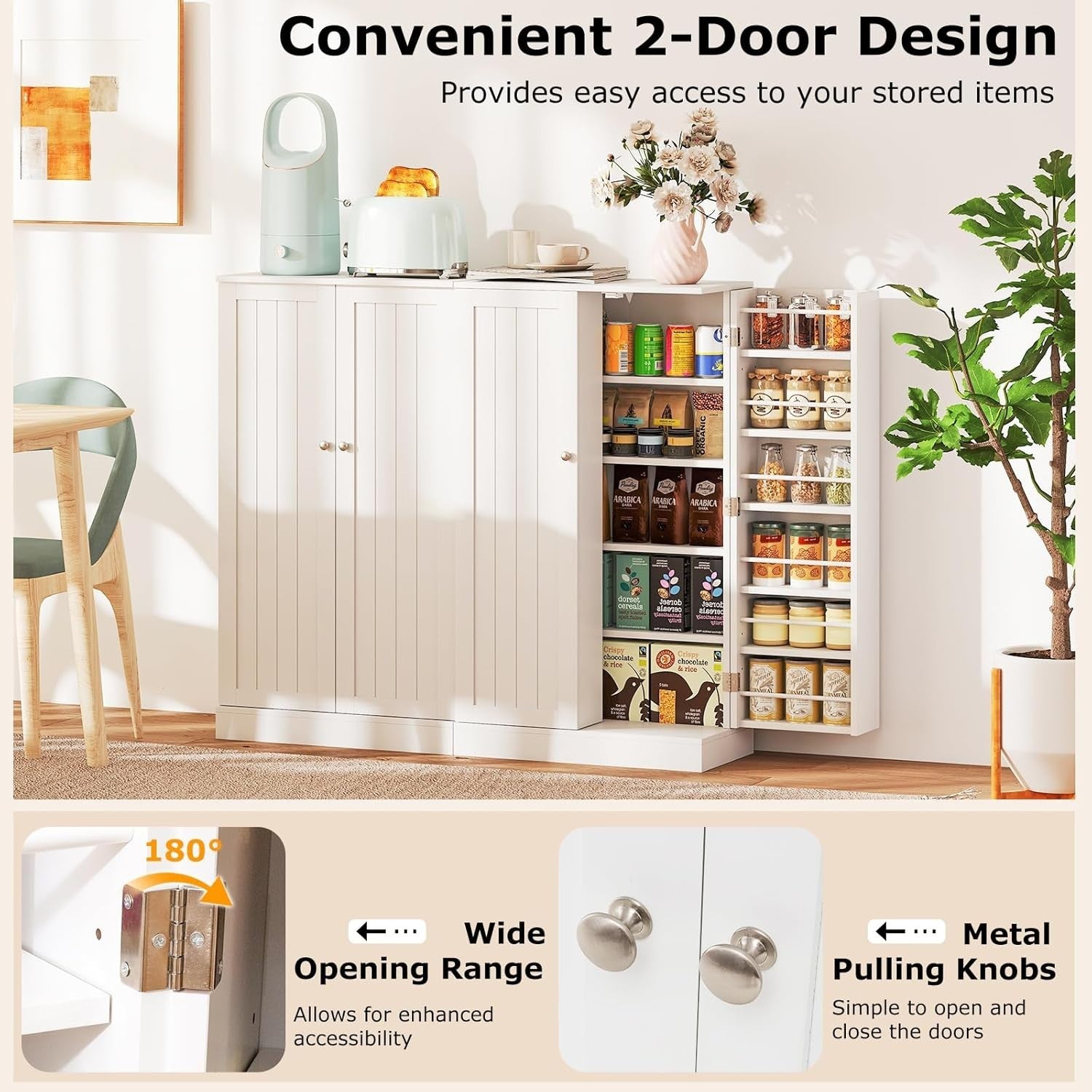 Compact White Pantry Cabinet with 2 Doors and 17 Storage Shelves