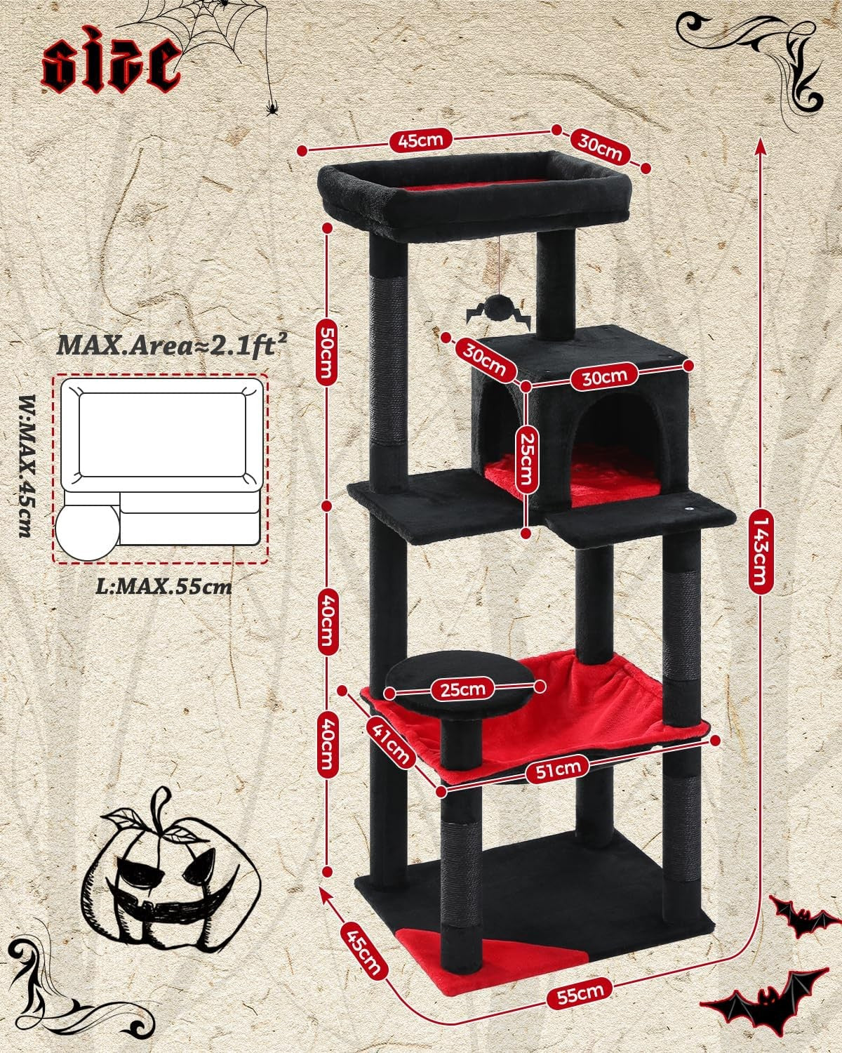 Large Cat Tree Tower 143cm Multi Level Scratching Posts Hammock Condo