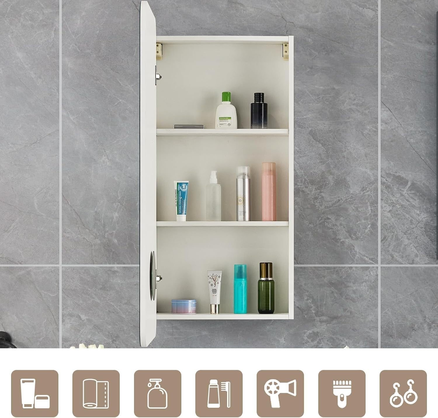Wall Mounted Mirror Bathroom Cabinet 90cm with Storage Shelf & 3 Tiers
