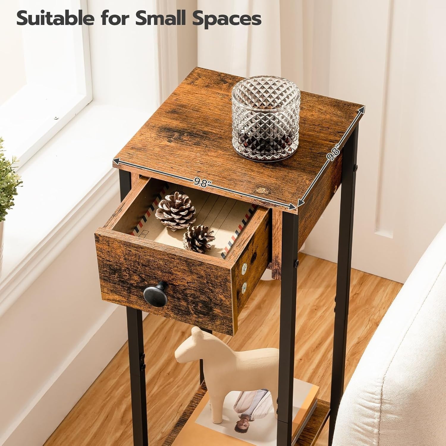 Slim Bedside Table with Drawer Small Narrow Nightstand 25x25x70cm Rustic
