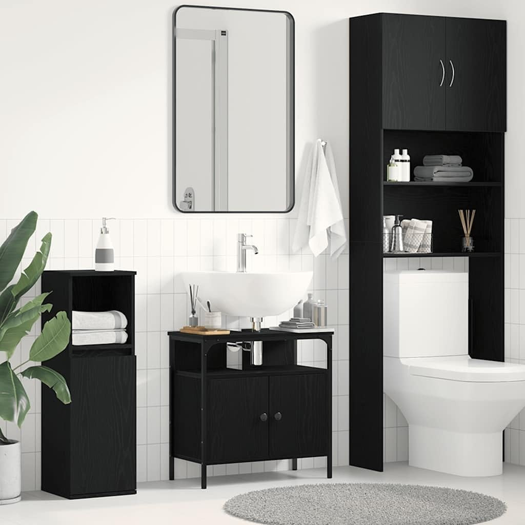 Black Oak Bathroom Sink Cabinet | 60x30x60cm Modern Storage Unit with Shelves