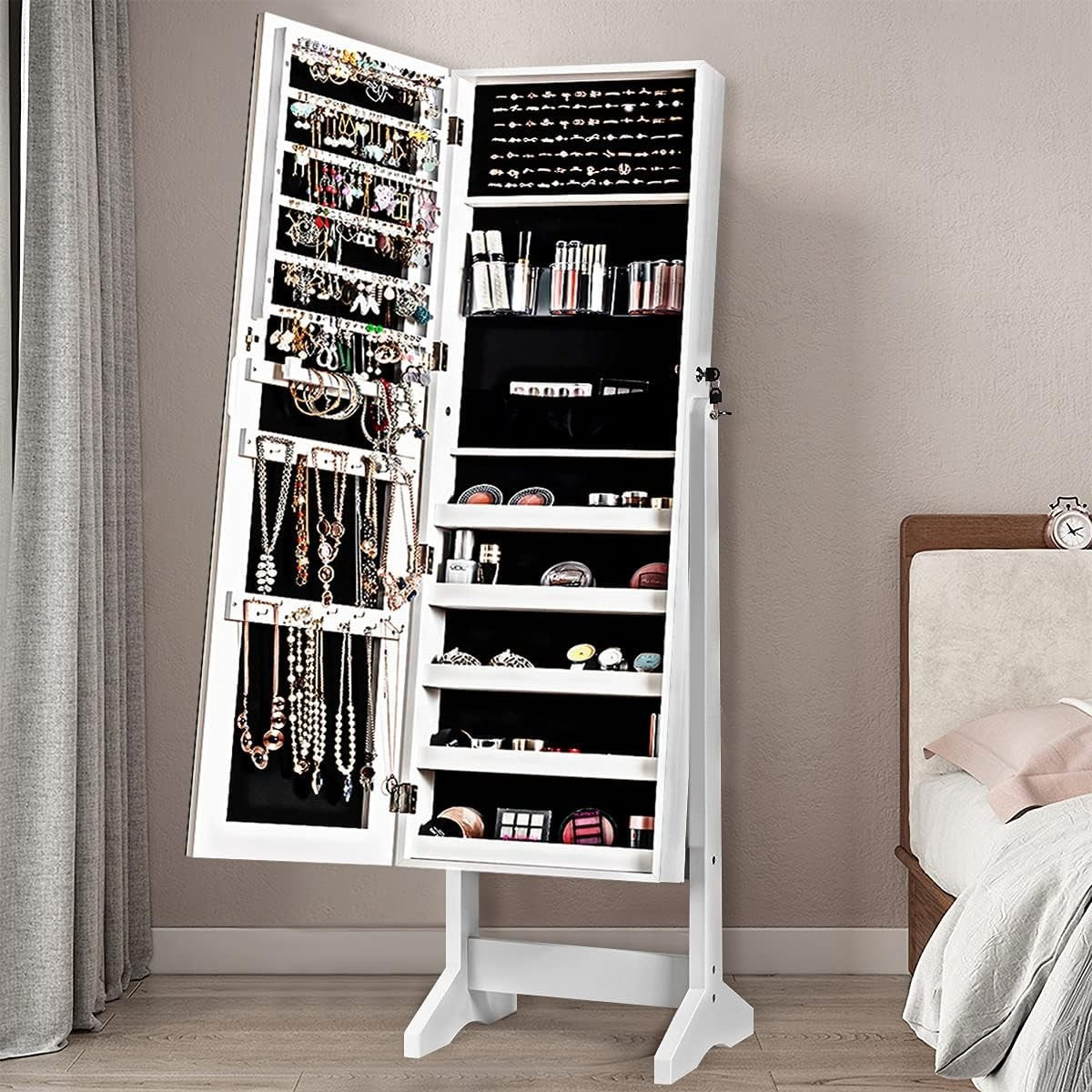 White Lockable Jewellery Cabinet Full Length Mirror Adjustable Storage