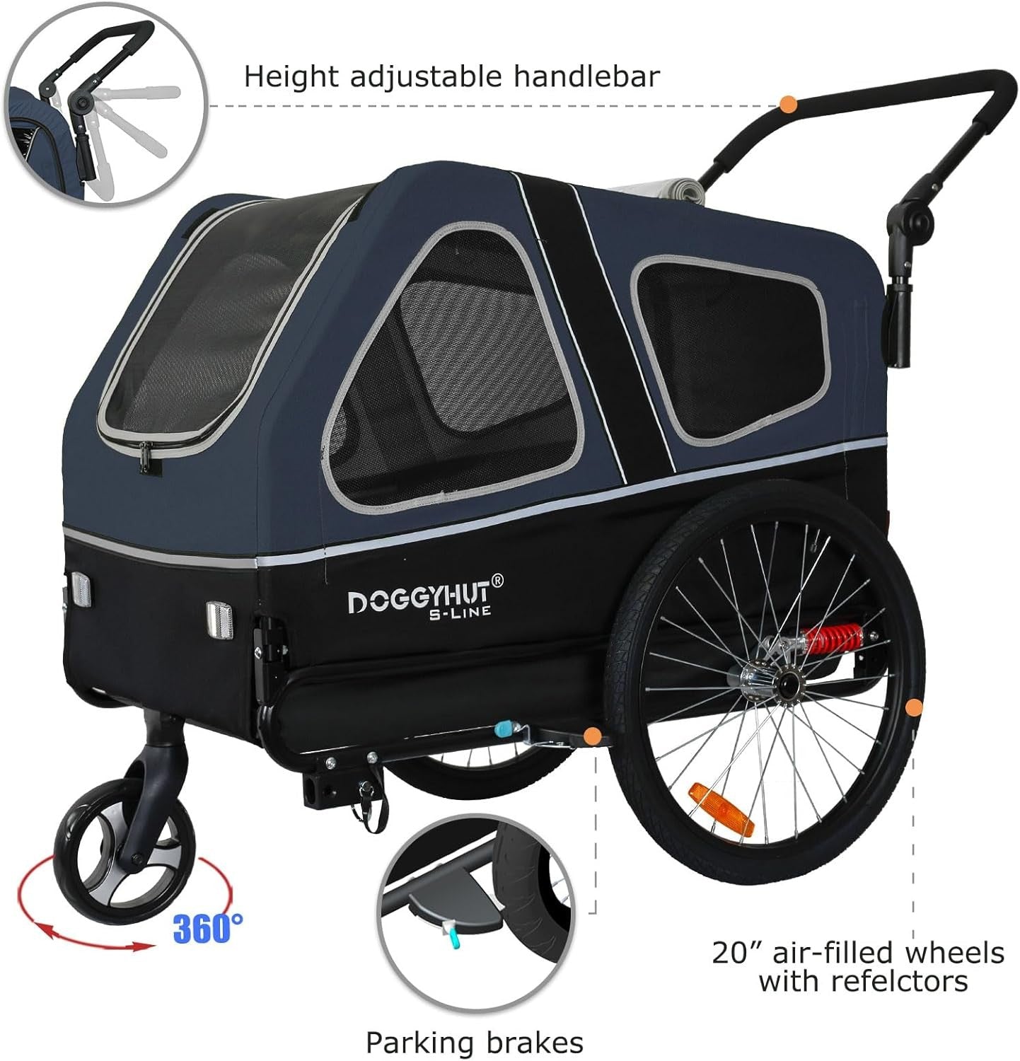 Dog Bike Trailer Stroller 45kg Folding Suspension Cart Blue Black with Brakes