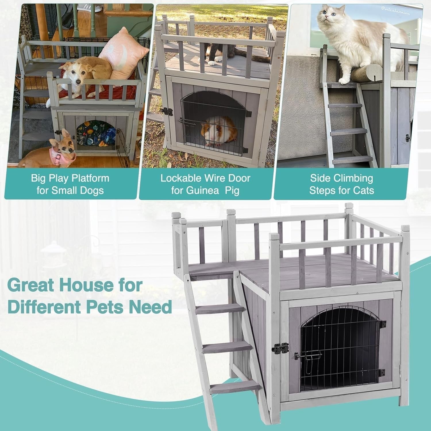 Weatherproof 2-Story Outdoor Wooden Cat & Small Dog House with Balcony