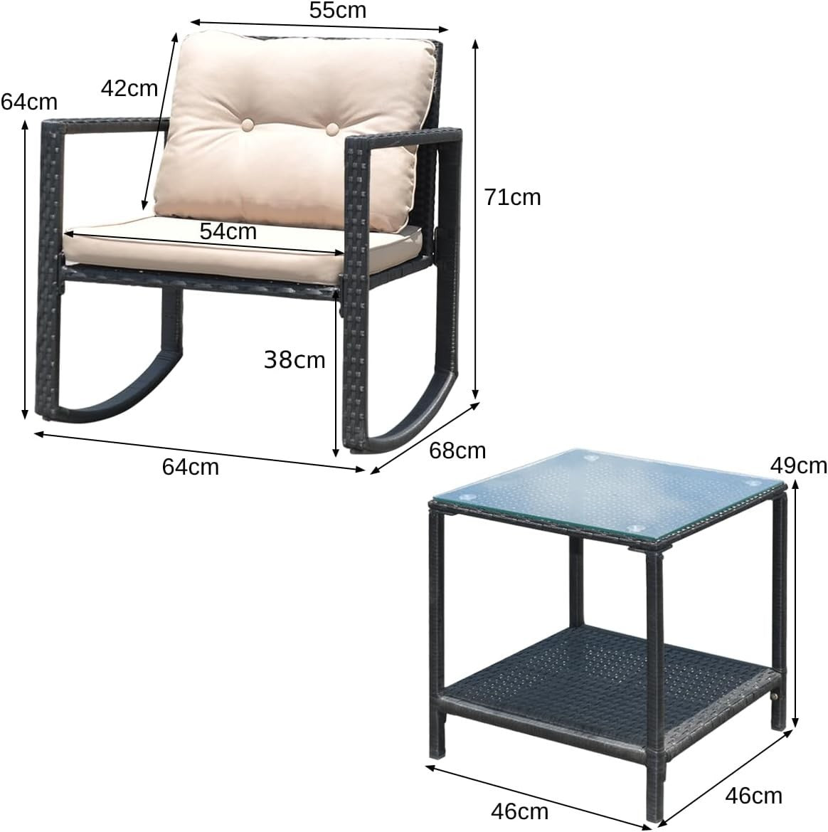 Rocking Rattan Patio Chair Set with Two Tier Glass Table Garden Balcony