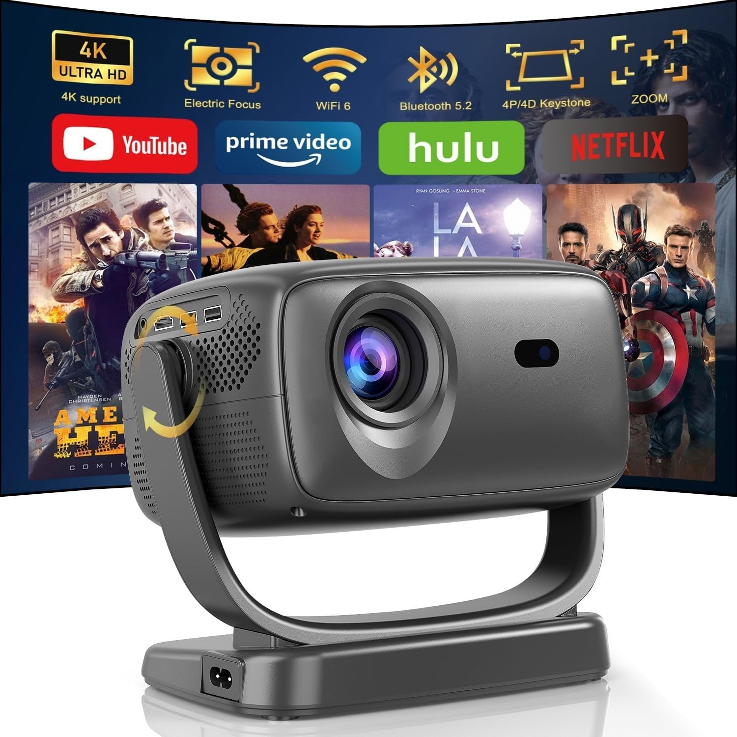 Smart 1080P Projector WiFi 6 Bluetooth 4K Support 26000L 180°