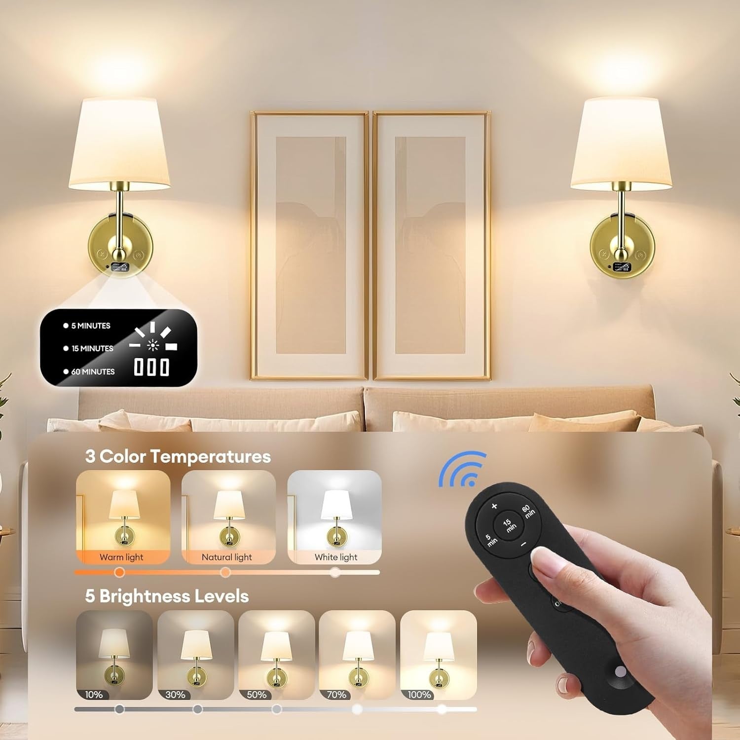 Cordless Rechargeable Wall Lights with 10000mAh Battery, Touch Remote, 3 Color T