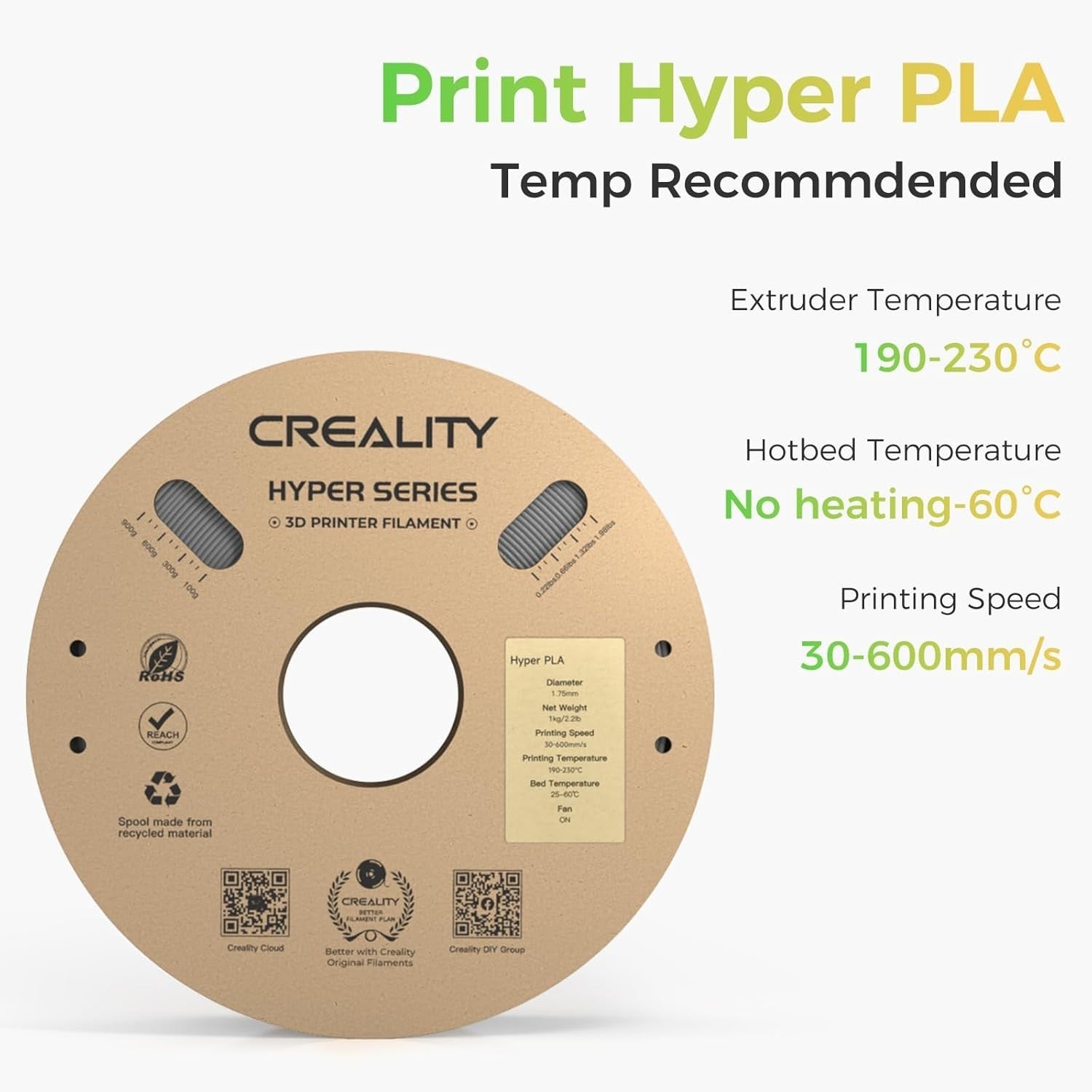 Hyper PLA Filament Gray 4KG High Speed 600mm/s 1.75mm ±0.03mm