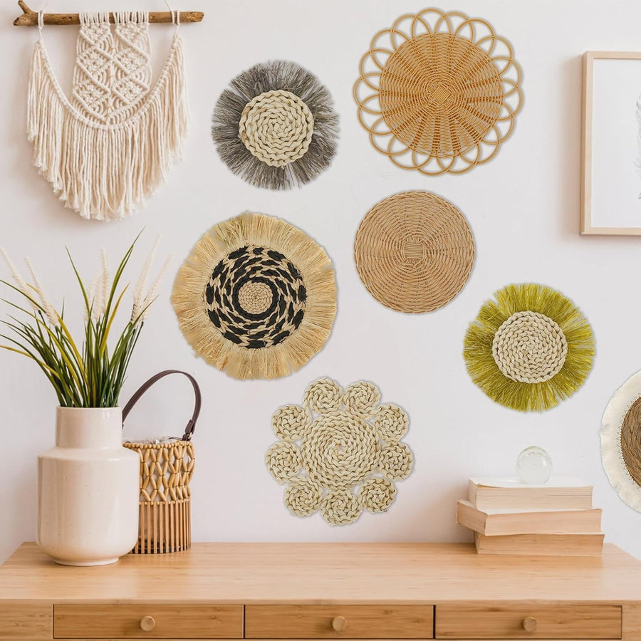 7PCS Boho Woven Wall Baskets Handmade Rattan Decor 4 Sizes