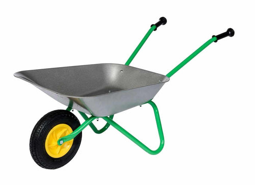 Kids Metal Wheelbarrow – Green/Grey – Pneumatic Tyre, Durable Steel Frame 50kg