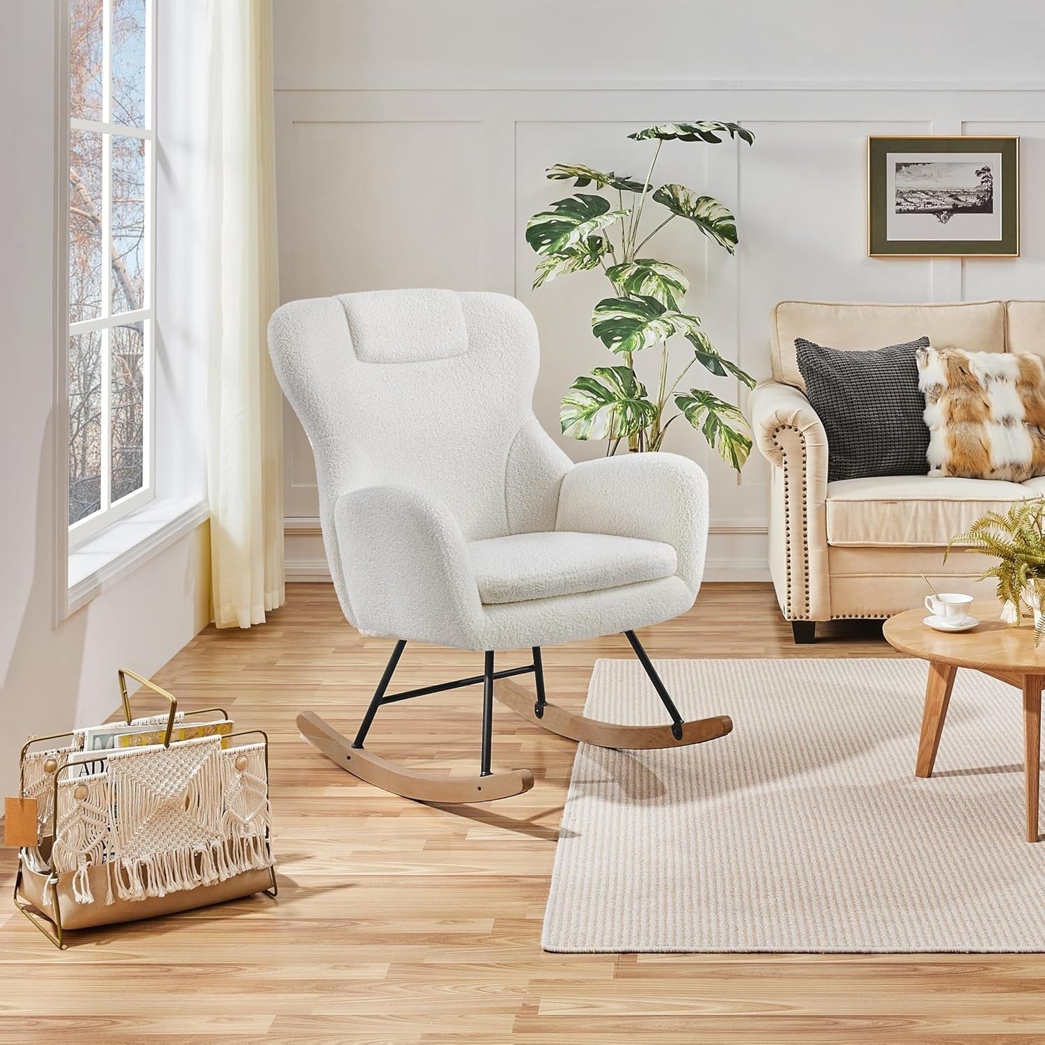 Rocking Armchair Boucle Fabric for Adults, Solid Wood Base, Cozy Lounge Chair