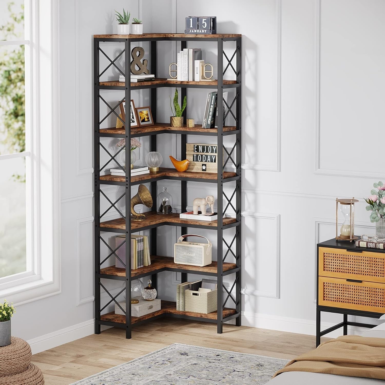 Tall 7-Tier Corner Bookshelf | 200cm Rustic Wood & Metal Display Storage Unit