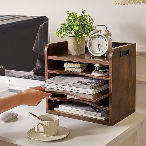 5 Tier Wooden Desk File Organiser A4 Paper Tray Magazine Holder