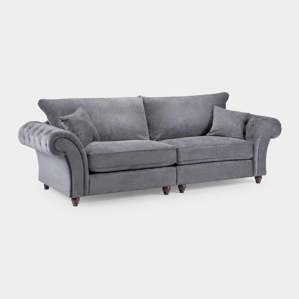 Grey 4 Seater Sofa with Chenille Fabric & Button-Tufted Scroll Arms.