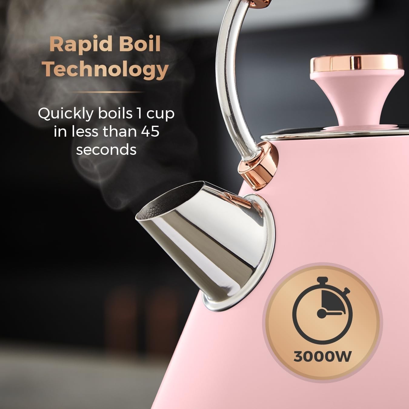 3000W Fast Boil Pink Kettle 1.7L Retro Pyramid Cordless Matte Finish