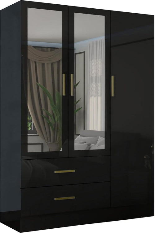 116cm Black High Gloss Wardrobe with Mirror, Drawers & Hanging Rail