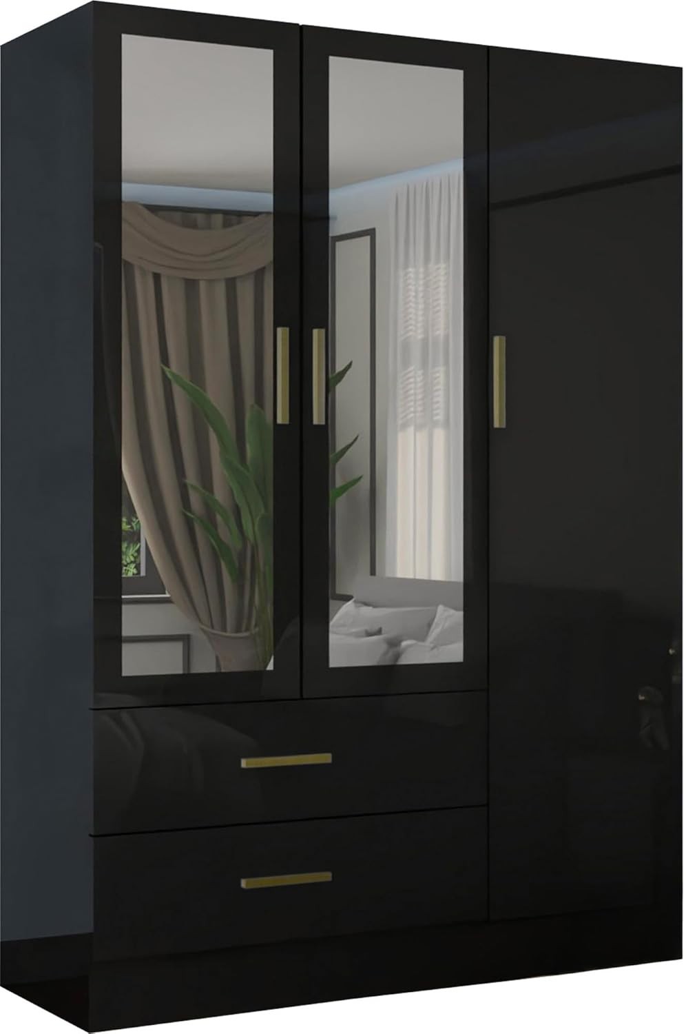 116cm Black High Gloss Wardrobe with Mirror, Drawers & Hanging Rail
