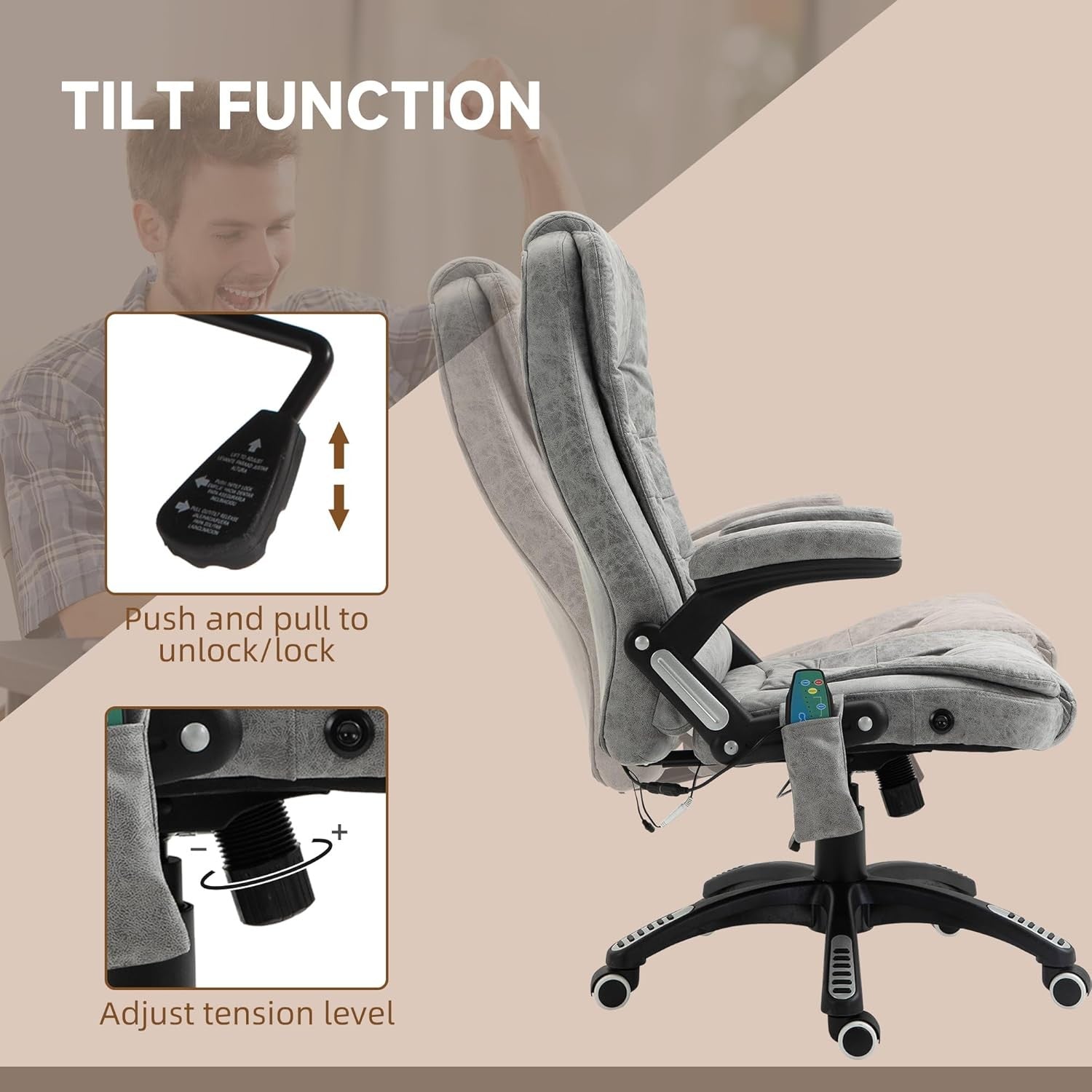 Heated Massage Office Chair 6 Point High Back Microfiber Grey