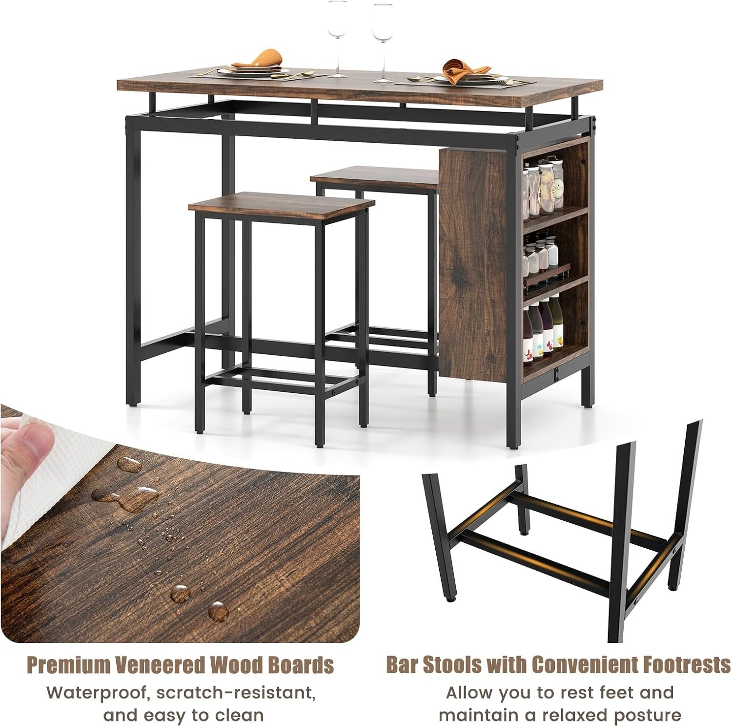 3PCS Brown+Black Dining Table Set with Stools, Space-Saving Bar Table Furniture