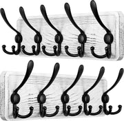 Set of 2 White Wooden Wall Coat Racks | Rustic 5 Triple Hooks Heavy Duty Organiz