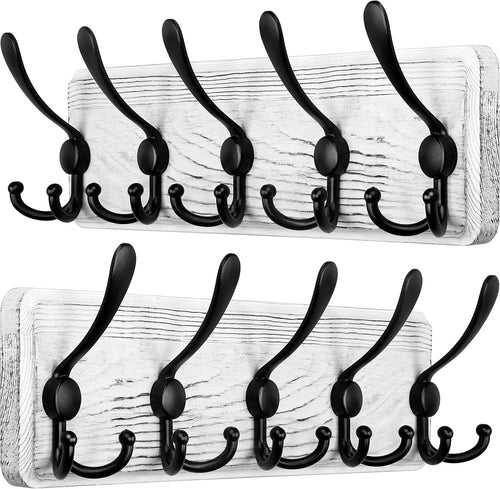 Set of 2 White Wooden Wall Coat Racks | Rustic 5 Triple Hooks Heavy Duty Organiz