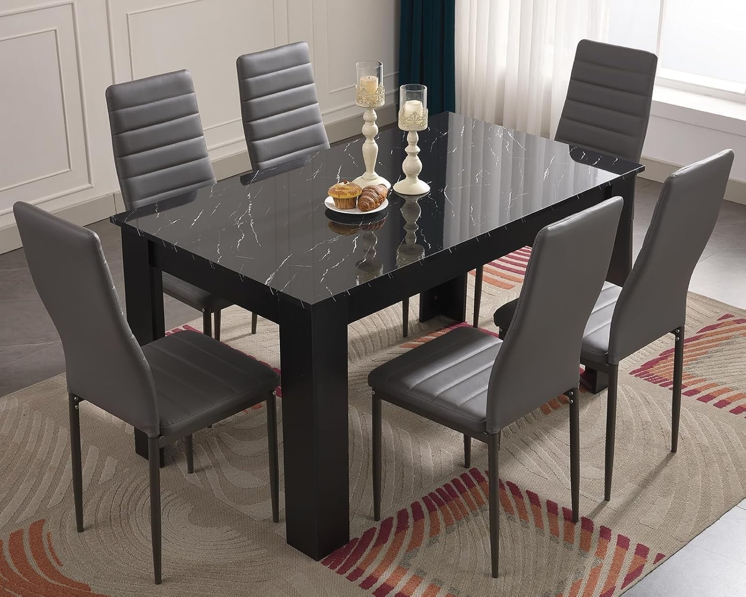 Modern Black Marble Dining Table Set 6 Chairs, 140x80cm, Durable & Stylish