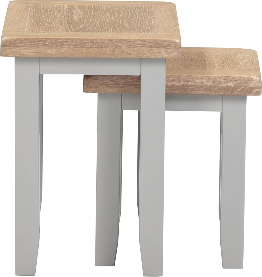 Nest of 2 Coffee Side Tables Farmhouse Pebble Grey Oak Wood Fully Assembled