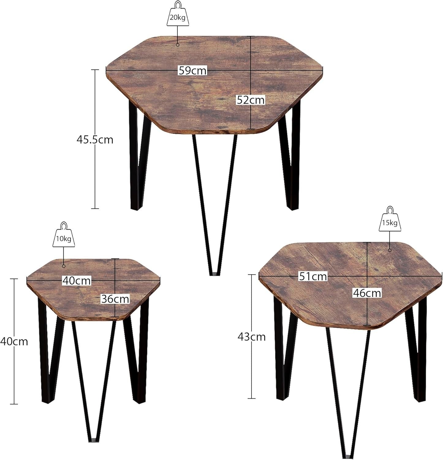 3 Nesting Coffee Tables Set Industrial Style Hexagonal Wood Metal Frame Side End