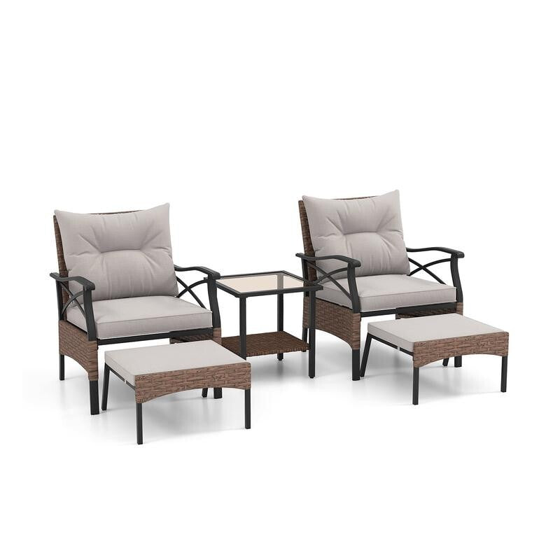 5 Piece Rattan Patio Furniture Set w/ Cushions & Table Outdoor Garden Seating