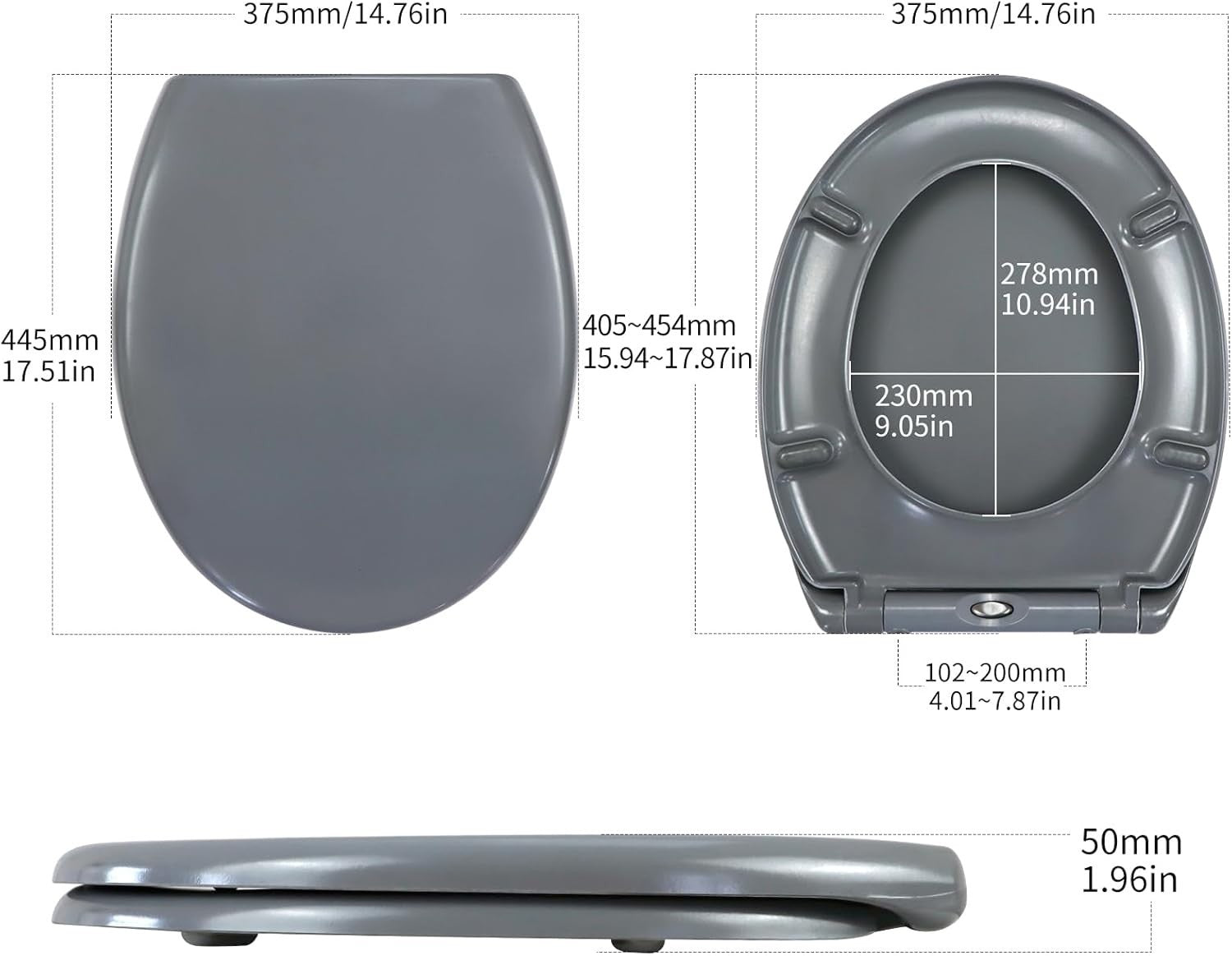 Grey Duroplast Toilet Seat Soft Close Quick Release Top Fix 45x37cm