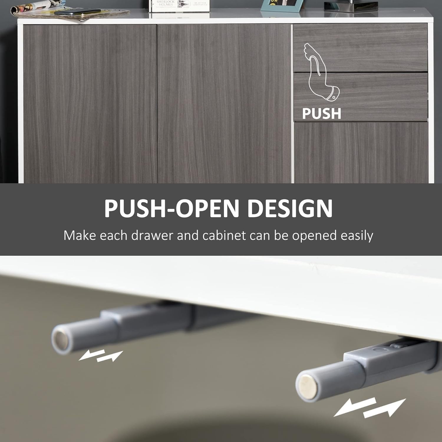 High Gloss Sideboard with Push-Open Drawers, 3 Doors, Modern Storage Unit