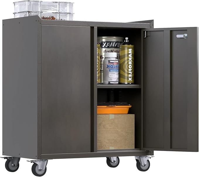 Metal Rolling Storage Cabinet with Wheels, 2 Door Lockable Cupboard
