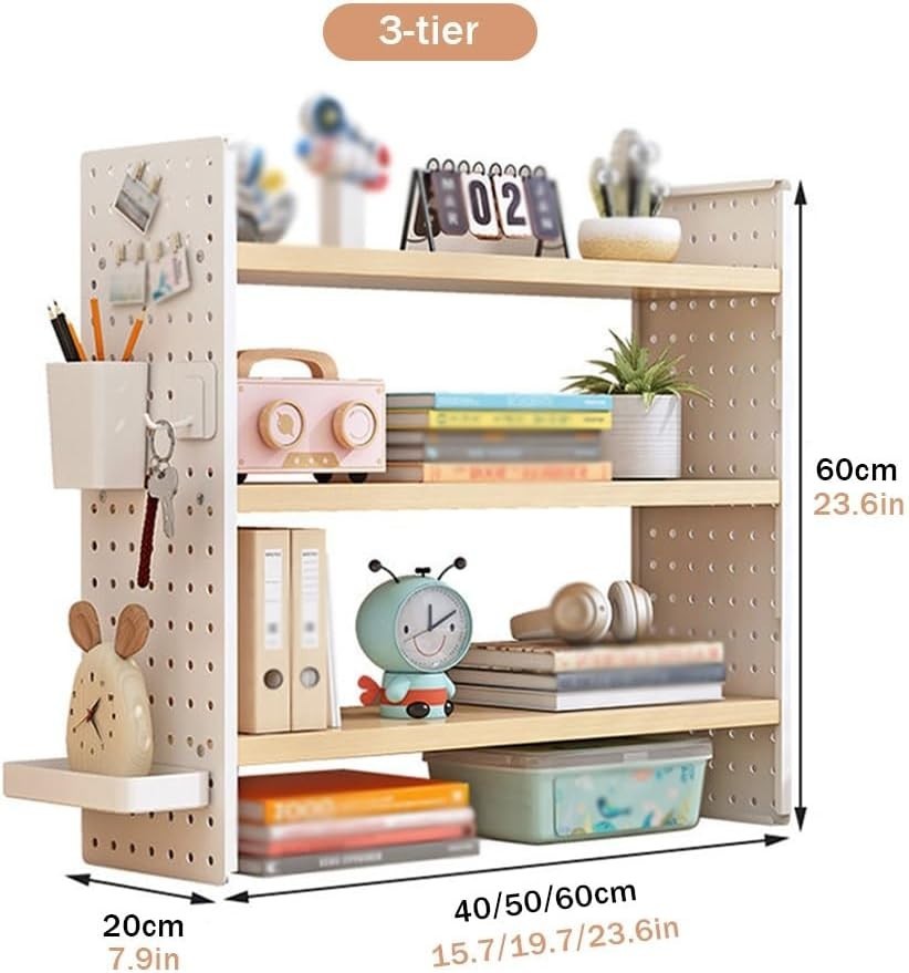 Adjustable 3-Tier Desk Organizer Shelf w/ Grid Panel | Wooden Desktop Hutch 60cm