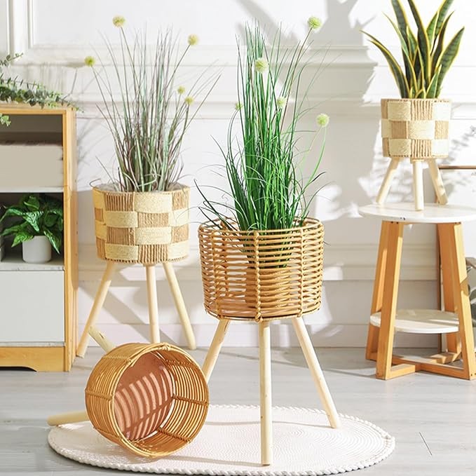 Rattan Plant Stand Indoor Outdoor Tripod Wooden Legs Flower Pot Basket Holder