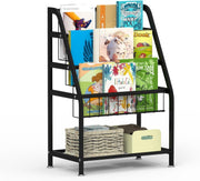Kids Bookcase & Toy Organizer Shelf – Durable Metal, Space-Saving Leaning Rack