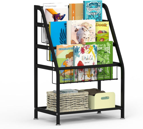 Kids Bookcase & Toy Organizer Shelf – Durable Metal, Space-Saving Leaning Rack