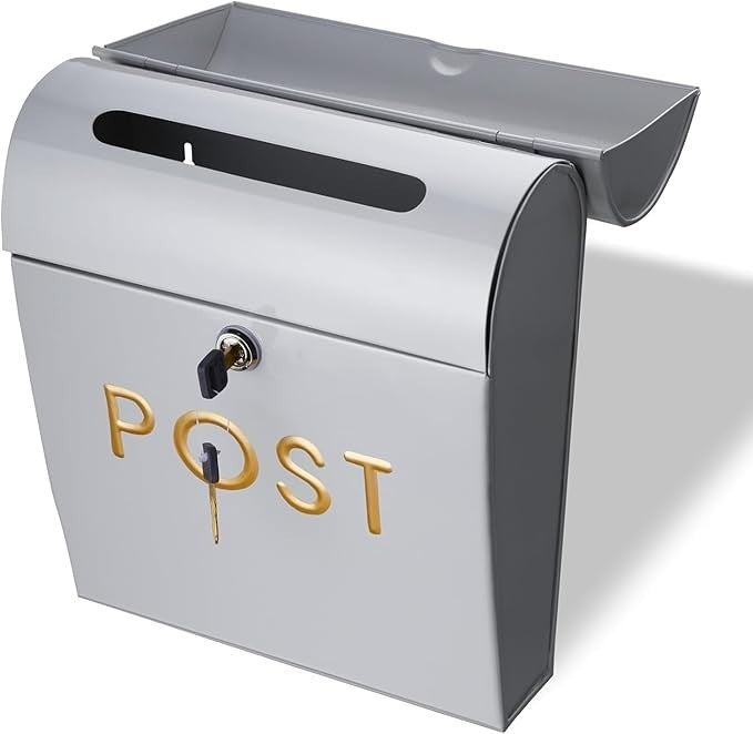 Lockable Wall Mounted Post Box Grey Aluminium Mailbox Secure Outdoor Use