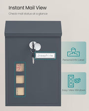 Wall Mounted Mailbox Secure Lock Rust-Resistant Steel Letter Box Grey