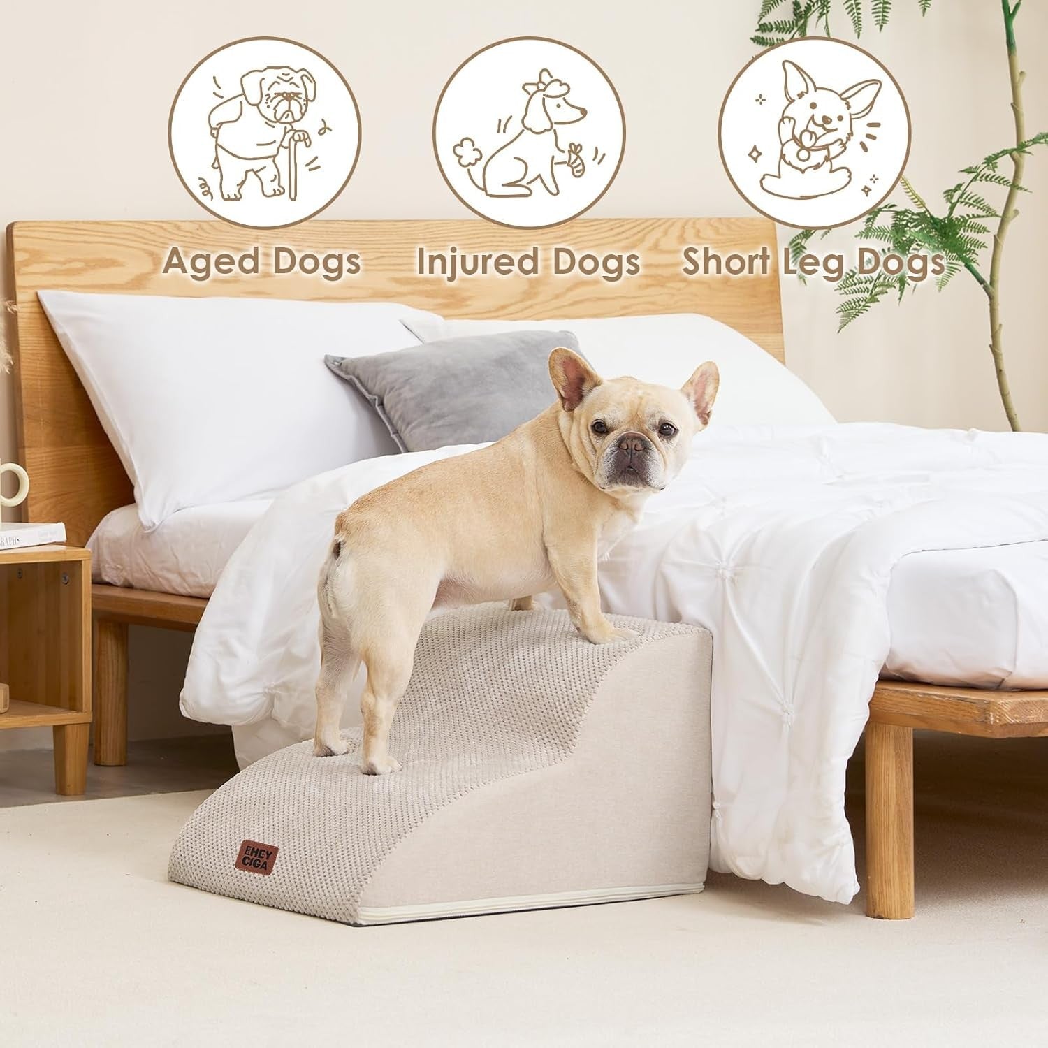 2 Step Dog Stairs for Sofa Non Slip Foam Pet Steps Washable Cream