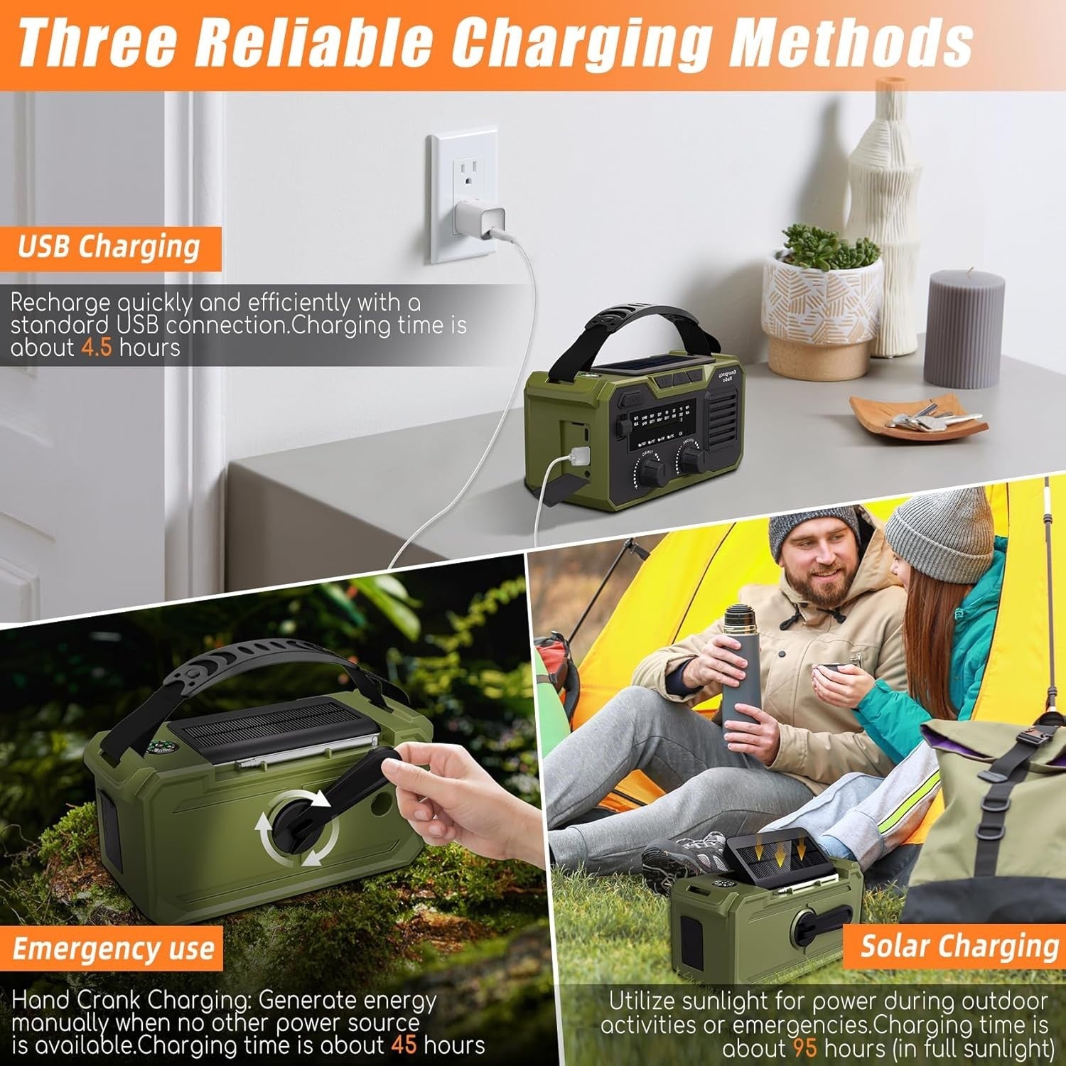 27000mAh Emergency Wind Up Radio, Solar FM AM, SOS Alarm & Flashlight