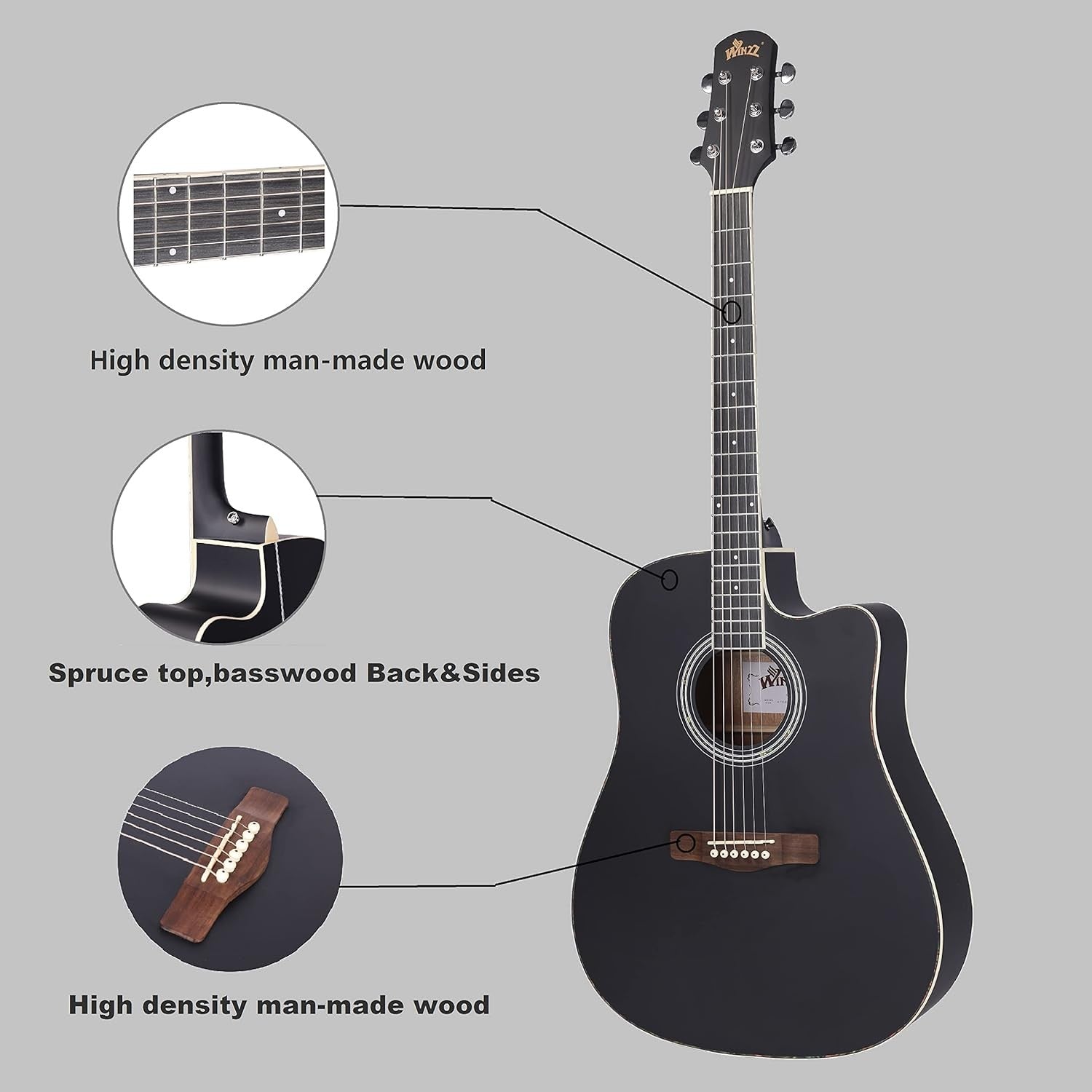 Full Size 4/4 Cutaway Acoustic Guitar Kit 41in Black Steel String