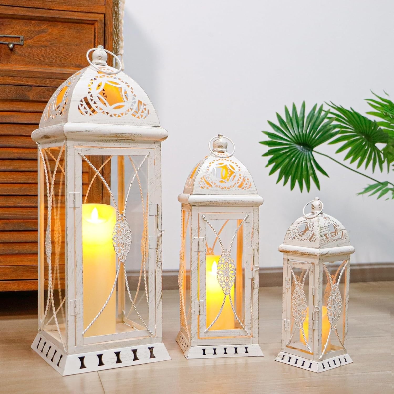 Beige Gold Lantern Set of 3 Vintage Metal Candle Holders