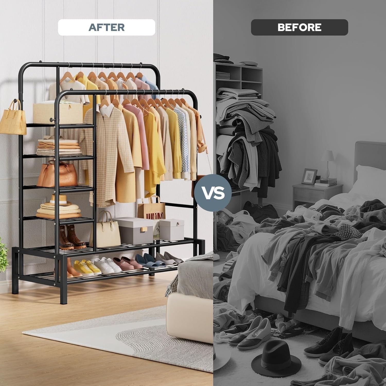 Heavy Duty Clothes Rail Double Rods Shelves Shoe Rack Black