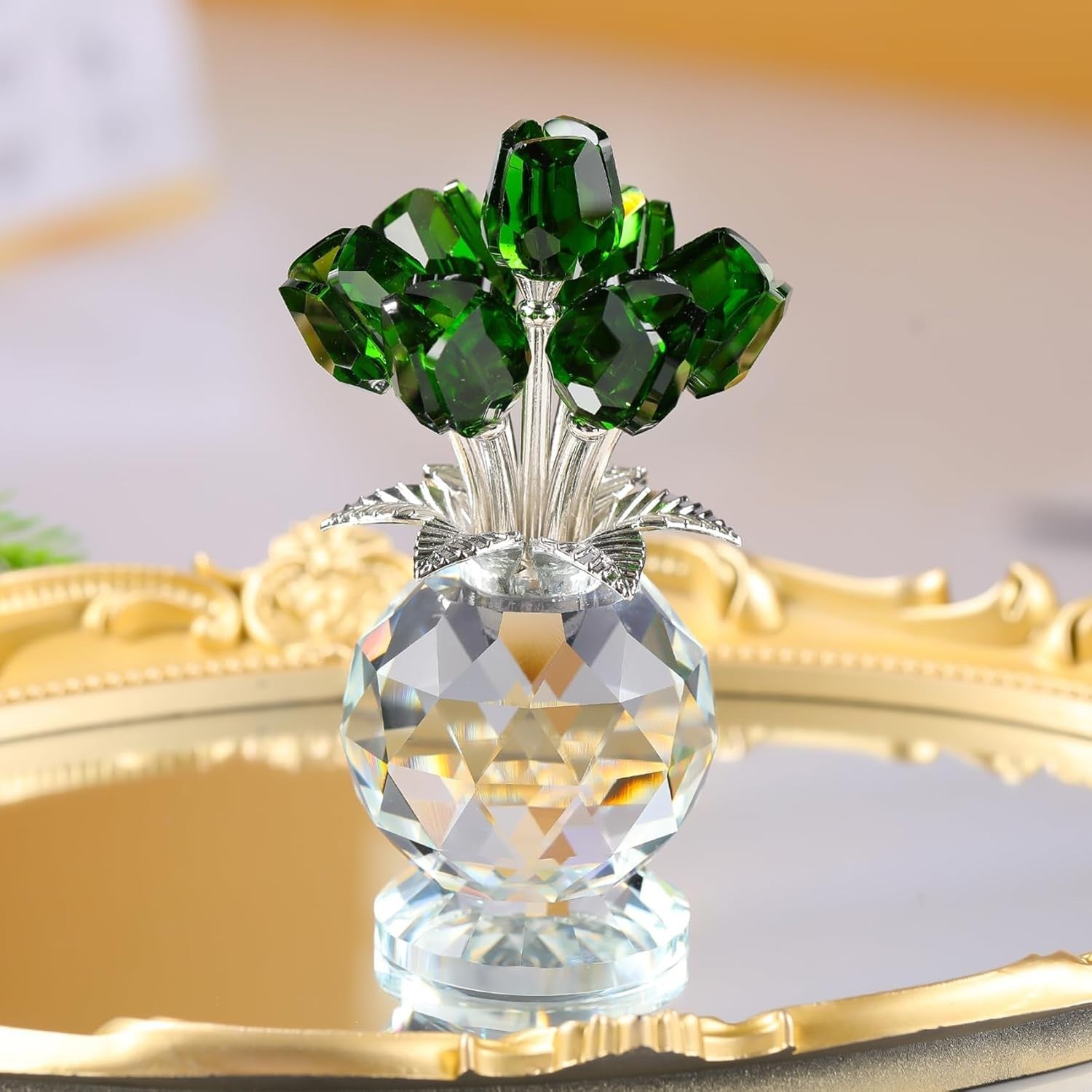 Emerald Crystal Tulip Bouquet Ornament – Luxury Glass Flower Gift