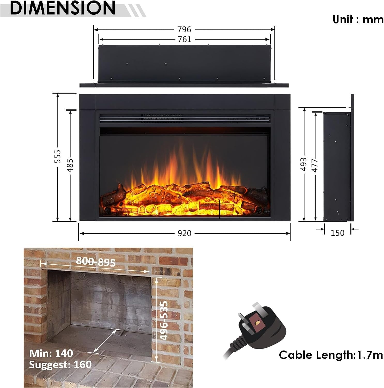 Electric Fireplace Insert 92cm Built-In LED Flame Heater Remote Control