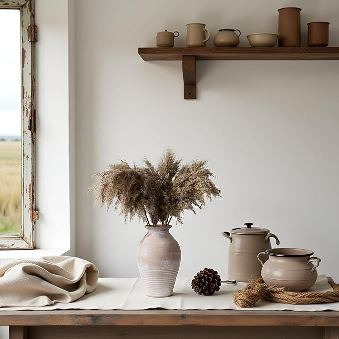 Rustic Ceramic Farmhouse Vase 9.2in Whitewashed Terracotta Home Décor
