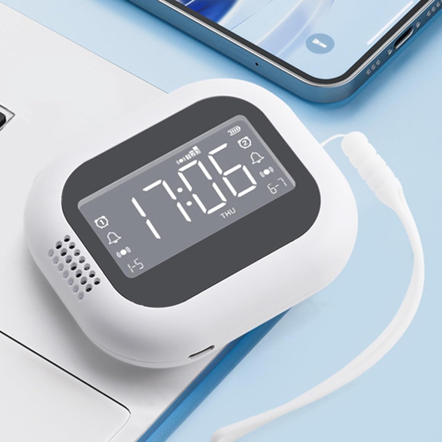 Rechargeable Vibrating Alarm Clock White LCD Display Heavy Sleepers